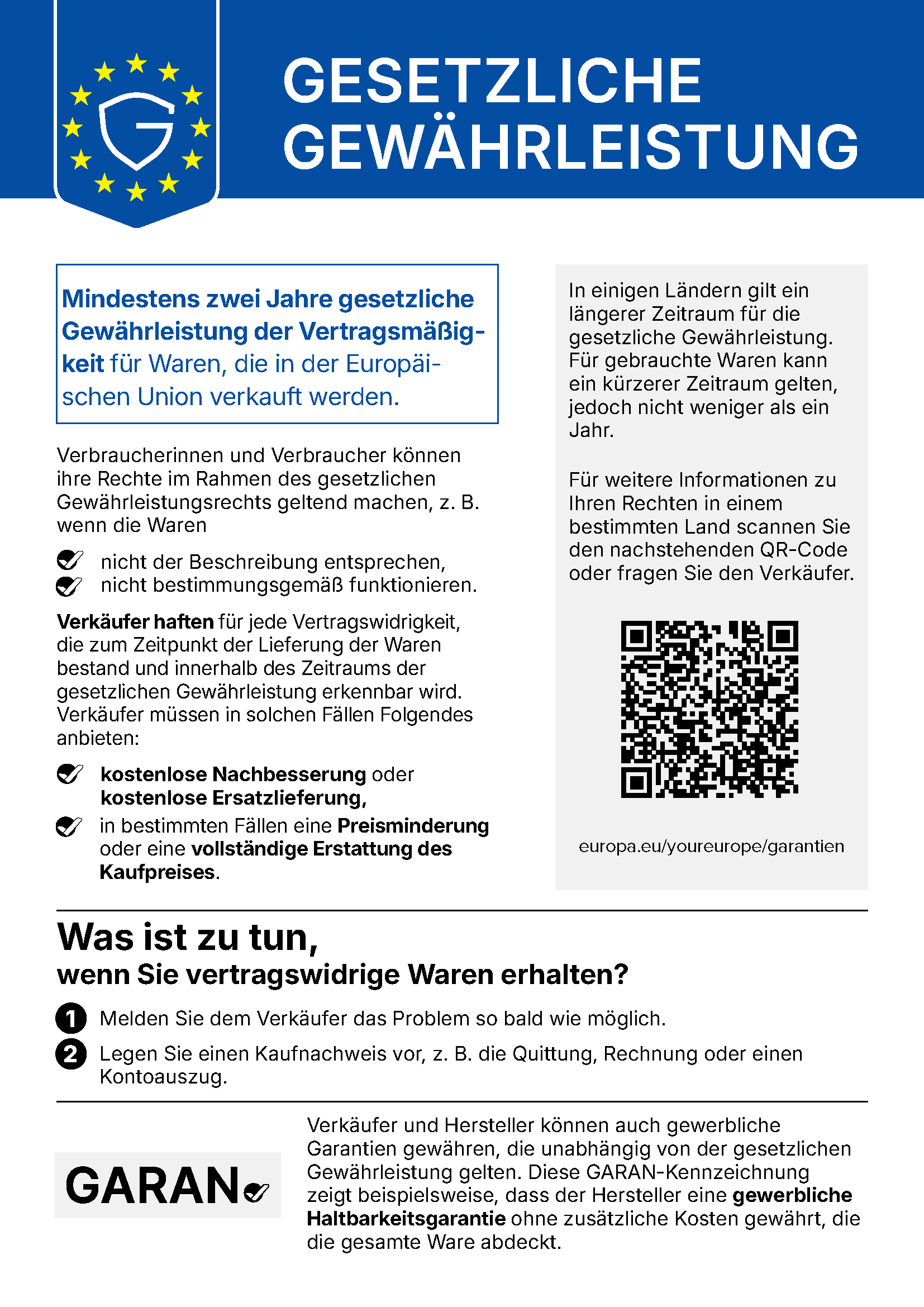 Harmonisierte EU-Mitteilung: Gesetzliche Gewährleistung – mindestens zwei Jahre gesetzliche Gewährleistung der Vertragsmäßigkeit für Waren, die in der Europäischen Union verkauft werden.